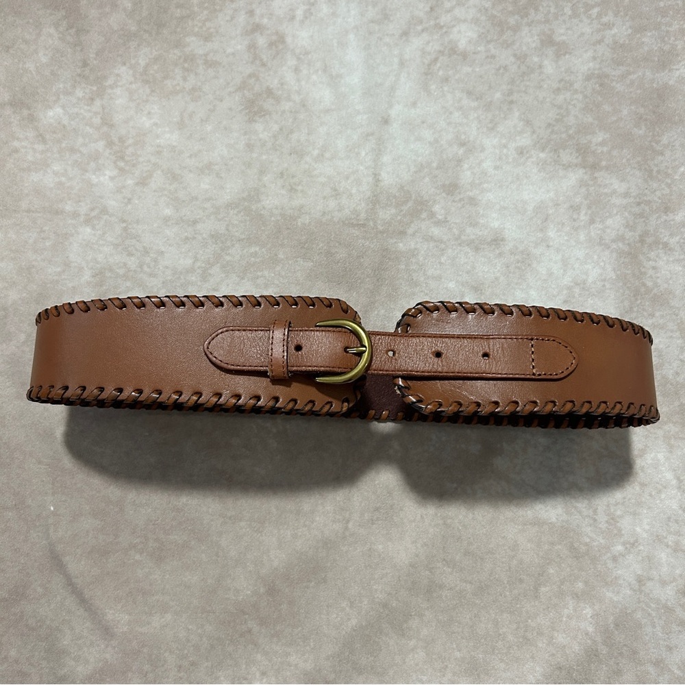 Banana Republic Brown Cow Leather Belt Braided Trim Brass Buckle Western Small